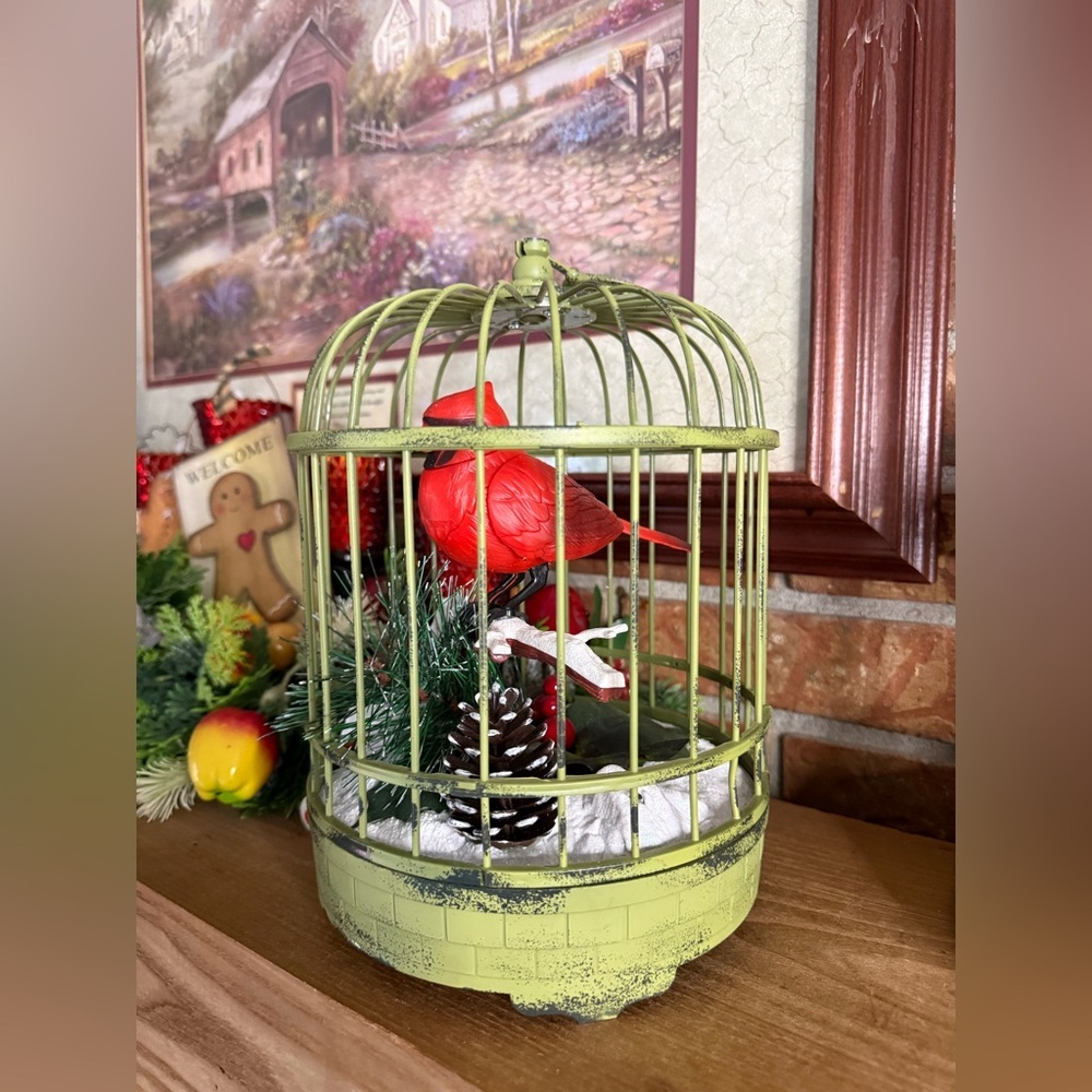 2002 Green Birdcage with Singing Red Cardinal Accent Holiday Decor